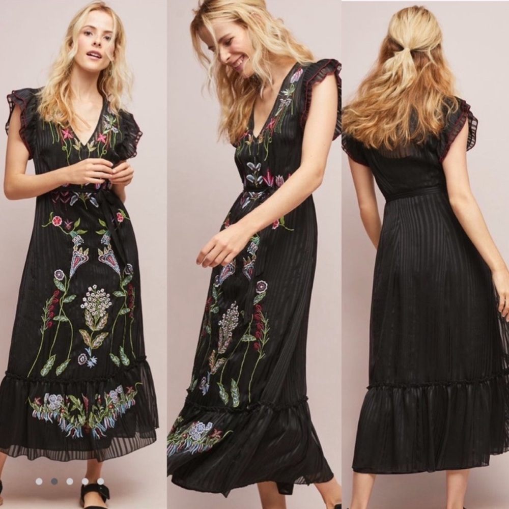 Anthropologie Corsica Floral Embroidered Black Dress